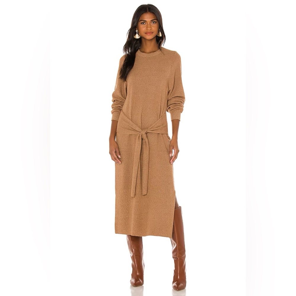 rag & bone Alnai Sweater Dress Camel Heather Tie-Waist, Cotton/Cashmere Size XS